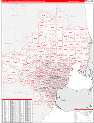 Detroit-Warren-Dearborn Metro Area Wall Map Red Line Style 2026